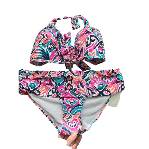 Leilani Halter Swim Top Sz 16 Multi-Color & Hipster Full Bottom Sz 10 NWT - Picture 1 of 5